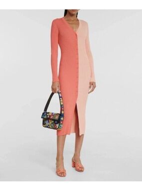STAUD Two-Tone Ribbed Button-Front Long Sleeve Coral Pink Medium MIDI Dress
